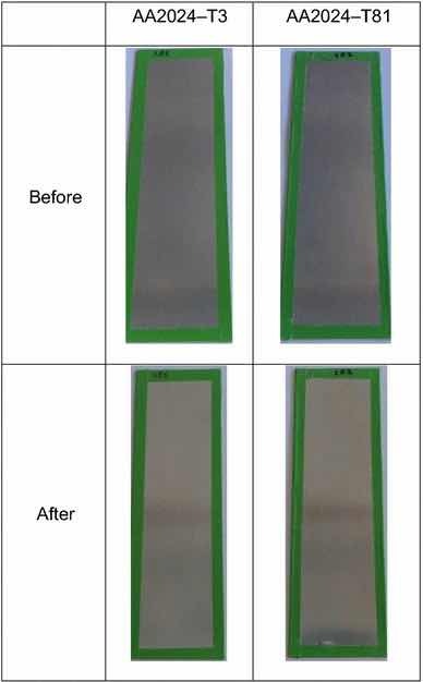 Fig 14: Illustrative photographs of the test panels pretreated with PreCoat A32, before and after salt spray tests.