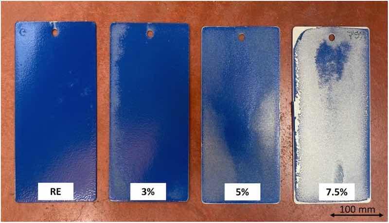 Fig. 1. Cured epoxy coatings with different amounts (from 3 to 7.5 % by wt.) of calcium ion-exchanged silica inhibitor additions, and reference epoxy (RE) coating.