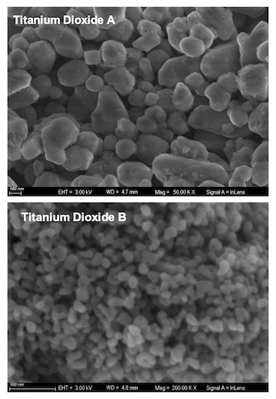 Figure 1. SEM (Scanning Electron Microscopy) images of Titanium Dioxide A (x 50K) and Titanium Dioxide B (x 200K)