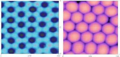 Figure 2: AFM images of anodized aluminum oxide finishes after careful removal from the aluminum substrate. (Left) surface of the aluminum substrate surface. Each dark spot is the nucleation point of the oxide during surface reconstruction. The lighter areas surrounding each nucleation point are the areas where the column walls intersected the substrate; the shaded spots are areas of impingement and deformation where the knit lines intersected the substrate. (Right) bottom surface of the anodized finish showing it as a distinct hexagonal network. Note the interstitial spaces between the network columns.
