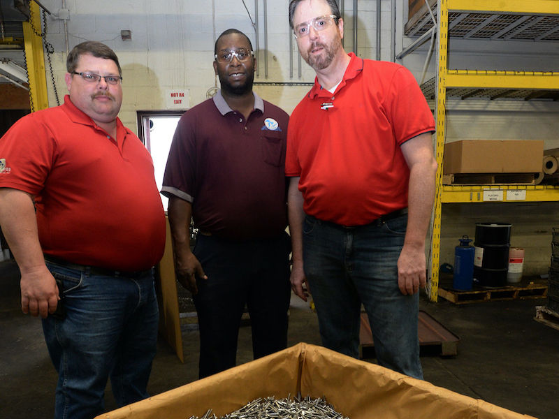 Scott Flook, left, production manager, George Gore, center, production supervisor, and Dave Cadwallader, plant manager are shown at Great Lakes Metal Finishing Inc. in Erie. [JACK HANRAHAN/ERIE TIMES-NEWS]