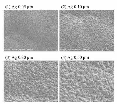Figure 6. SEM images of ENEPES deposit, Ni-P thickness; 6 μm, Pd thickness; 0.02 μm, Ag thickness; 0.05 μm, 0.10 μm, 0.30 μm and 0.5 μm, magnification; 20,000