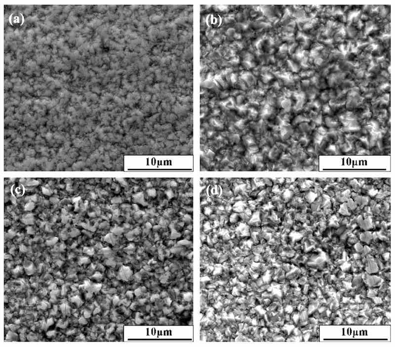 Figure 4. SEM observations of the surface micro-morphologies of Ni coatings obtained from a bath with 0 g/L (a), 0.1 g/L (b), 0.2 g/L (c), and 0.3 g/L (d) phytic acid. Reprinted with permission from [123].